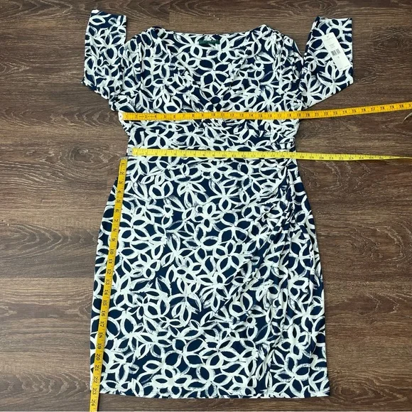 NWT Lauren Ralph Lauren White & Blue Dress | Ruched Faux Wrap V-Neck | 16 - Picture 13 of 14